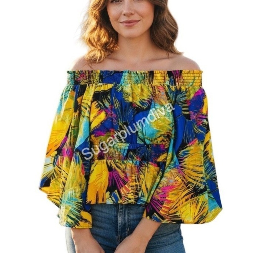 New York & Company Tropical‎ Off the Shoulder Blouse MEDIUM Colorful Vacation